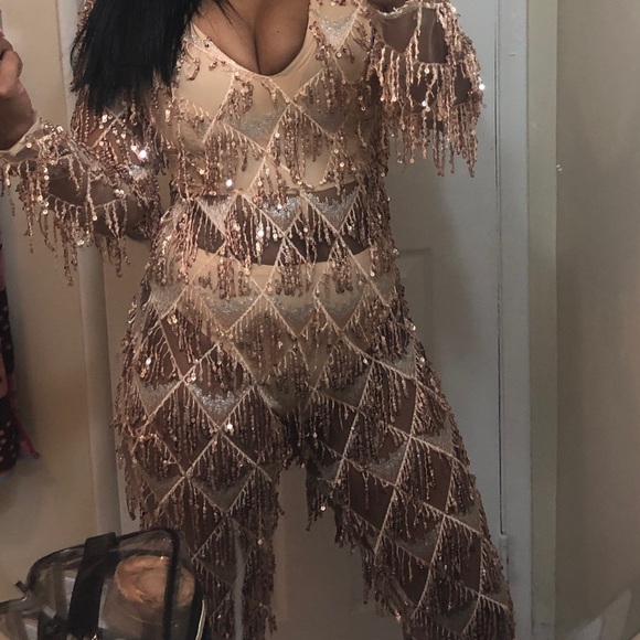 Rose Gold Tassel Sequin Plunge Jumpsuit - Picture 6 of 7
